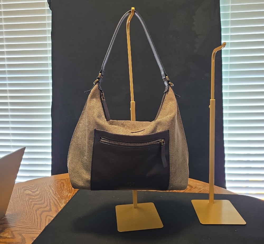 Fossil Two-Tone Taupe and Black Shoulder Hobo Bag